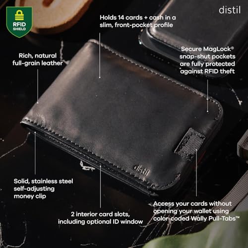 Image of Distil Union Wally Bifold 5.0 RFID Wallet with ID Window - Slim Bifold Wallet for Men with Money Clip, VentureTek - Minimalist RFID Card Holder - Holds 14 Cards & 30 Bills - Black