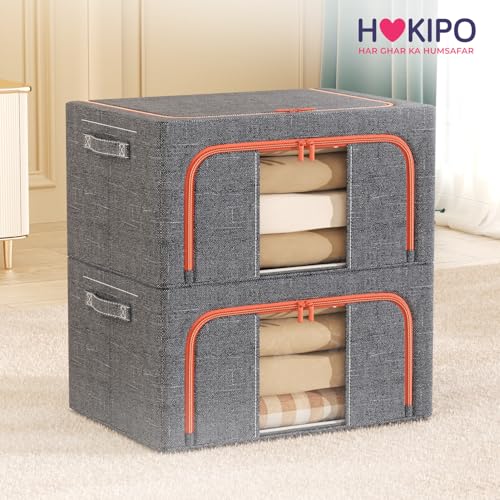Image of HOKIPO 66L Large Folding Storage Box and Organiser for Clothes, Wardrobe Storage Box, Ash Grey Pack of 2 (AR-6673-AGRY*2)
