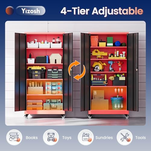 Image of Yizosh Metal Garage Storage Cabinet with Locking Doors and Adjustable Shelves,- 75 inch Rolling Steel Tool Cabinet for Home Office,Garage,Warehouse