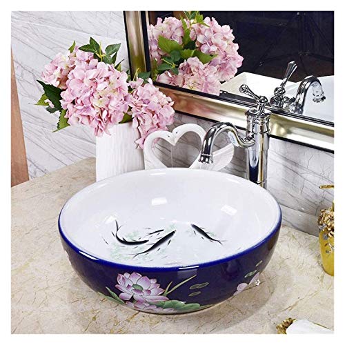 ERoomQ 洗面台 洗面台 シンクカウンター上 クリエイティブブルーペイントロータスパターン ホワイトインナー付き かわいい魚の装飾 洗面台の上 クローク 洗面台 洗面台 ラバート