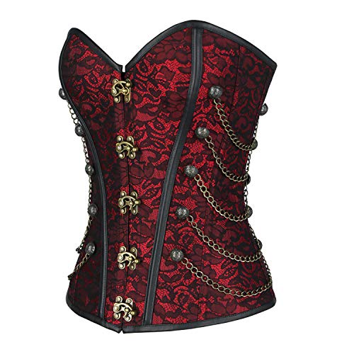 Image of Charmian Women's Steel Boned Steampunk Gothic Bustier Corset with Chains | Overbust Corset, Premium Brocade & Leather, Clasp Closure, Lace-up Back