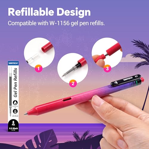 Image of WRITECH Black Ink Gel Pens: 8-Pack Retrowave 0.5mm Fine Point Pens - Smooth Writing Silent Clicker and Refillable Perfect for School Office & Everyday Use.