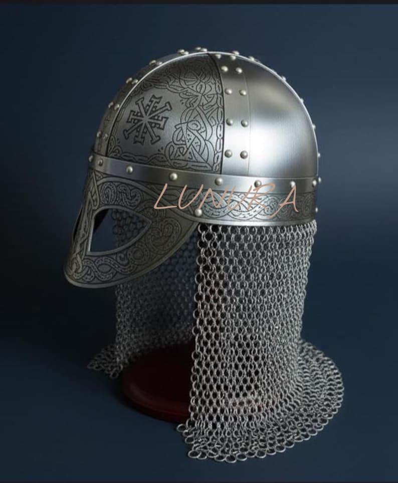 Viking Helmet with Chainmail, Celtic Knotwork Design, Medieval Armor Replica, Steel Finish