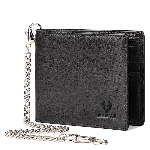 Genuine Leather Card Holder Wallet with Chain Accessory for Men, Women RFID Blocking 13 Card Slots 2 ID Windows 2 Bill Compartments Short Bi-Fold Wallet Gift (Black)