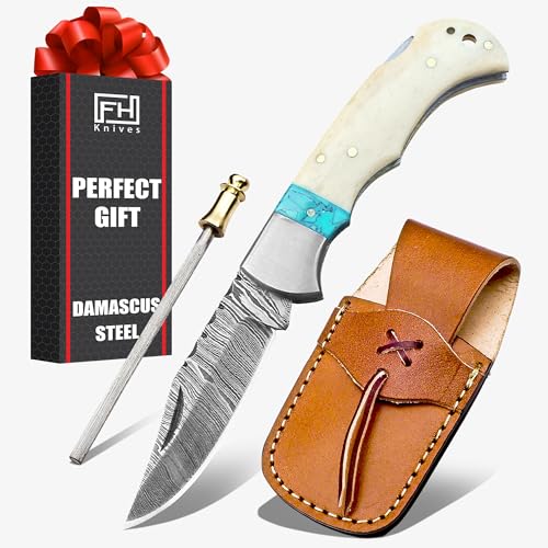 FH KNIVES Damascus Steel Pocket Folding Knife with Clip -