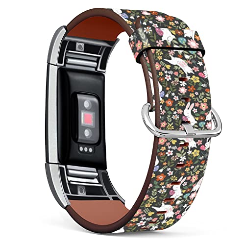 Compatible with Fitbit Charge 2 , Patterned Leather Replacement Band (Rabbit Bunny Floral Background)