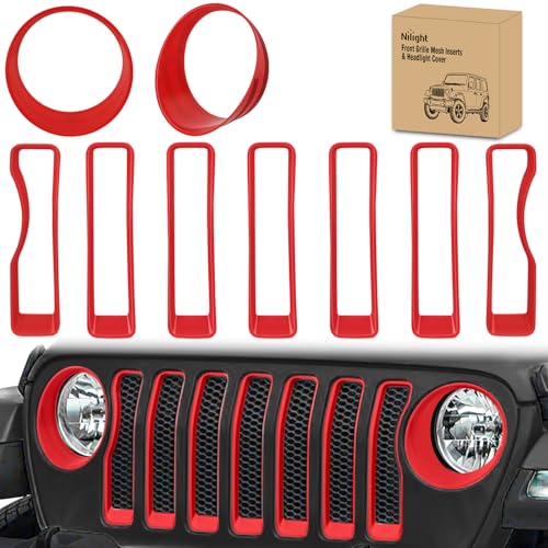 Image of Nilight Grill Inserts fit for Jeep Wrangler Front Grille Inserts Headlight Cover Set for JL JLU Unlimited Sport SportS 2018 2019 2020 2021 2022 2023 Grille Bezels Trim Exterior Accessories Red 9 Pcs