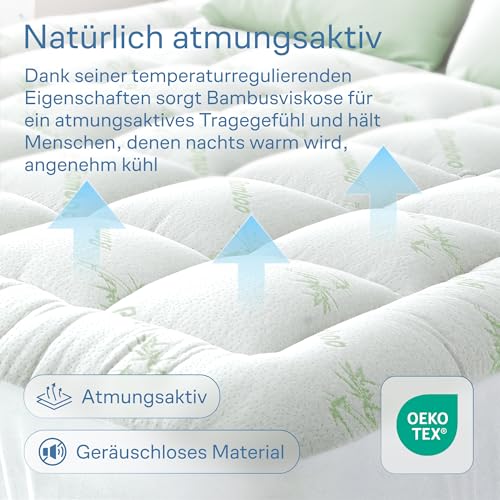 Matratzen Topper für himmlischen Komfort – Ultraweicher, atmungsaktiver und kühlender Matratzenschoner aus Bambusviskose – 140 x 200 cm, Tiefe Taschenpassform