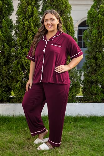 Image of Vozanet Women's Plus Size Pajamas Button Down Shirt and Pants Soft Lounge Sets Bride Nighty Bottom with Pockets 1x to 5x