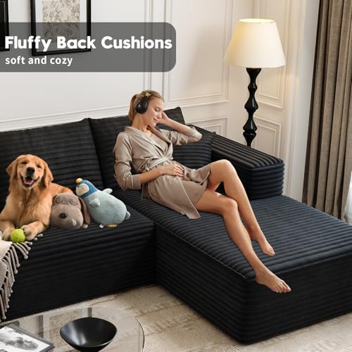 Image of 135.4 inchCloud Modular Sectional Couch with 1 Ottoman,Modern Minimalist Upholstered Couches, Comfort U Shaped Sofa for Living Room,Deep Seat Corner Couch,No Assembly Required (Black,Right Facing Chaise)