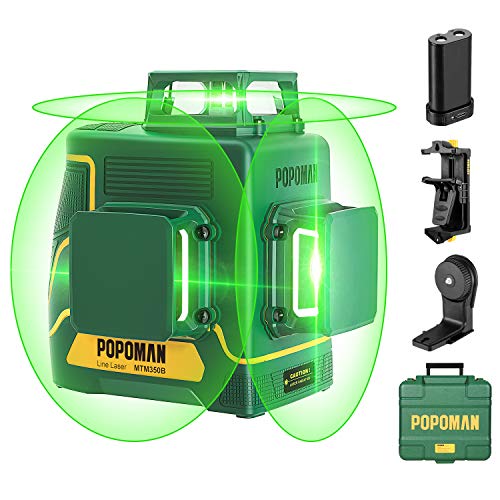 Laser Level 3D & 3 x 360Â°, Line Laser Green POPOMAN, USB Rechargeable, Self Leveling and Pulse Mode, Magnetic Pivoting Base, Auxiliary Supporting Bracket, Carrying Case Include - MTM350B