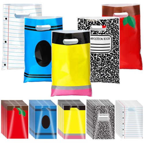 Ecally 50 Pcs Back to School Gift Bags Plastic Pencil Gift Bags Bulk Welcome Back to School Party Favors for First Day of Preschool Kindergarten Birthday Supplies Classroom Teacher (Combined Style)