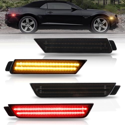 OFFKAT Front & Rear Fender LED Side Marker Lights for Chevy Camaro 2010-2015, 5th Gen Camaro Smoked Lens Side Bumper Marker Lamps, [Ultra-Bright] Amber & Red LED Side Markers Turn Signal Lights, 4 PCS