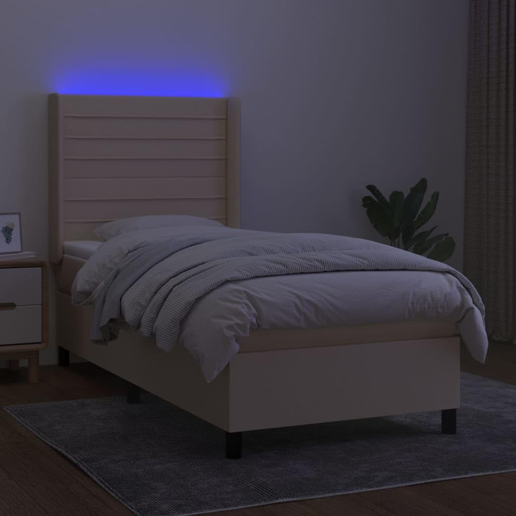 Tkanina regulowany zagłówek LED kremowy 80x200 cm | Łóżko kontynentalne z materacem 80x200 kremowe z LED i regulowanym zagłówkiem, tkanina poliester, nowoczesne do sypialni