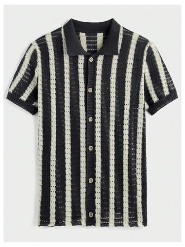 Men's Striped Crochet Summer Sweaters Vinatge Button Down Short Sleeve Cardigan Knit Tops3