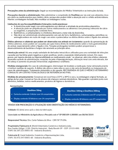 DOXINEW 100mg - Doxiciclina Antibiótico de Amplo Espectro para Cães e Gatos - Hiclato de Doxiciclina