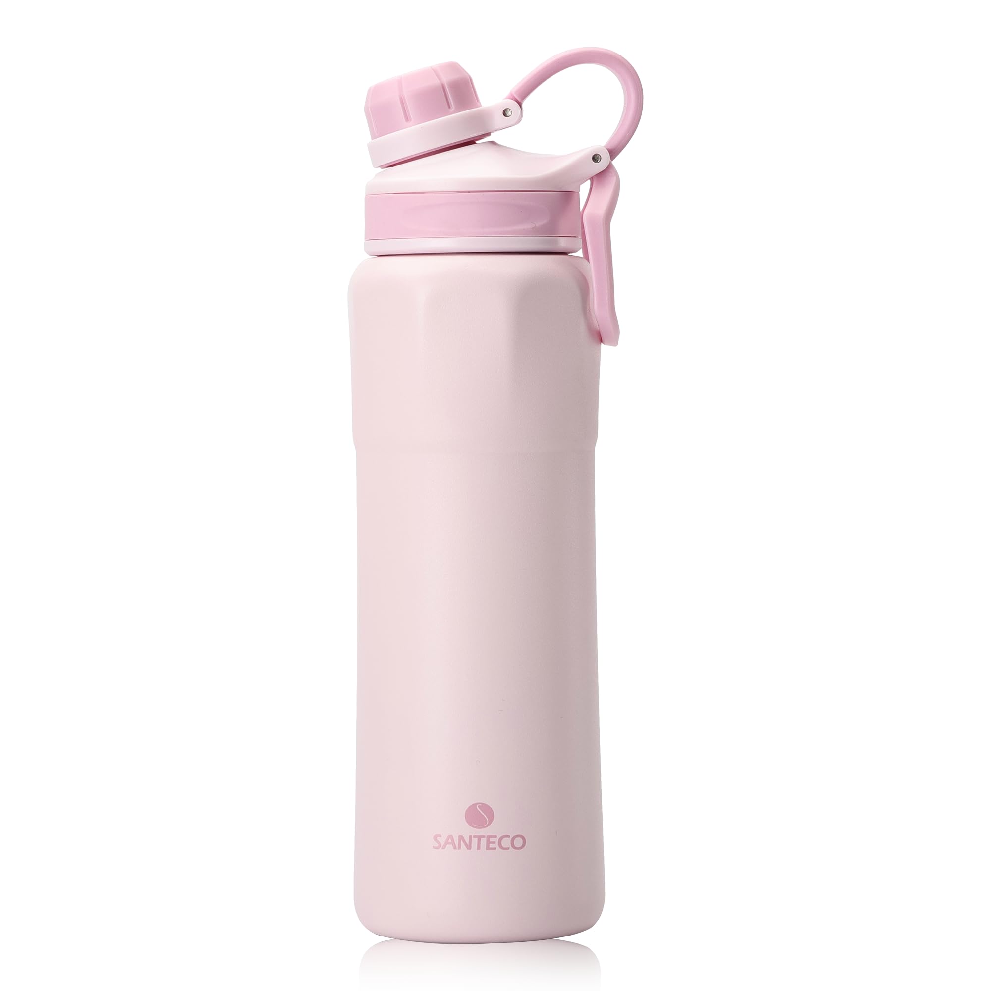 SANTECO Trinkflasche Edelstahl mit Verlustsichere Deckels, Thermosflasche 830ml BPA-Frei mit Tragering, Wasserflasche Auslaufsicher Isolierflasche Spülmaschinenfest für Fahrrad Wandern Rosa