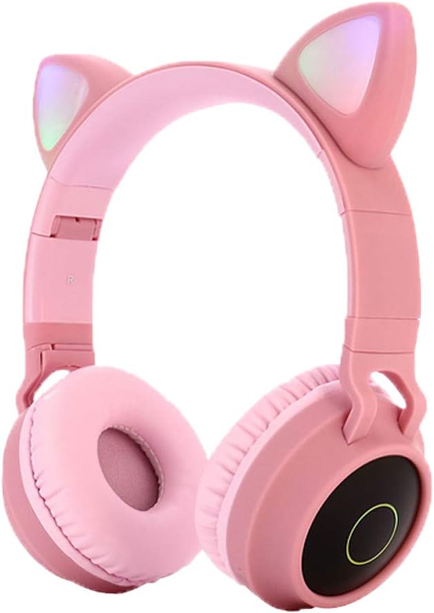 Kids Bluetooth 5.0 Cat Ear Headphones Foldable On-Ear Stereo Wireless Headset with Mic LED Light and Volume Control Support TF Card Aux in Compatible with Smartphones PC Tablet (Pink)