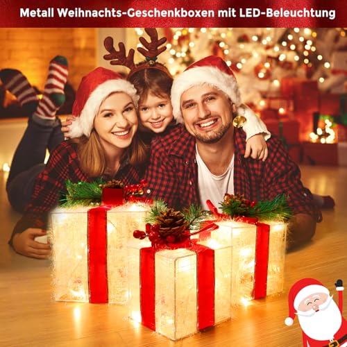ELKTRY 3er Set LED Weihnachtsdeko innen, Geschenkboxen mit Schleife außen – Ansicht 3