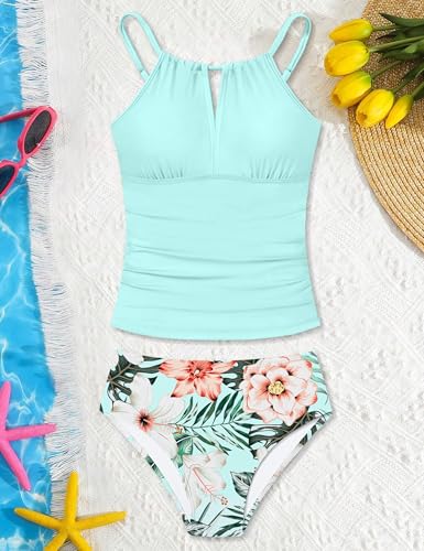 Image of Two Piece Swimsuit Girls 10-12 Halterneck Cutout Design Bathing Suit Set with Floral Print Shorts and Cross-Back Adjustable Straps Ruched Swimsuit Girls 10-12 Lake Blue