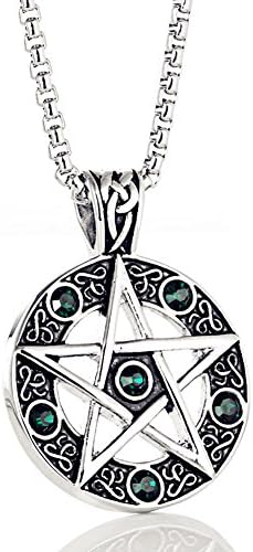 Blowin Vintage Stainless Steel Pentacle of Life Pentagram Pagan Pendant Biker Mens Necklace, Green, 24 inch Curb Chain