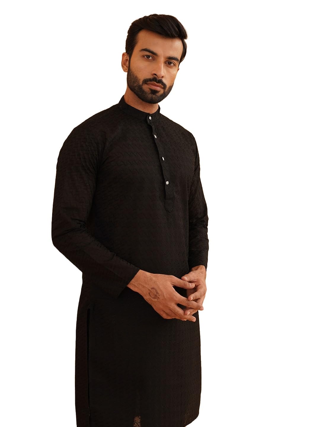 Sojanya (Since 1958 Men's Pure Cotton Chikankari Embroidered Black Straight Long Kurta