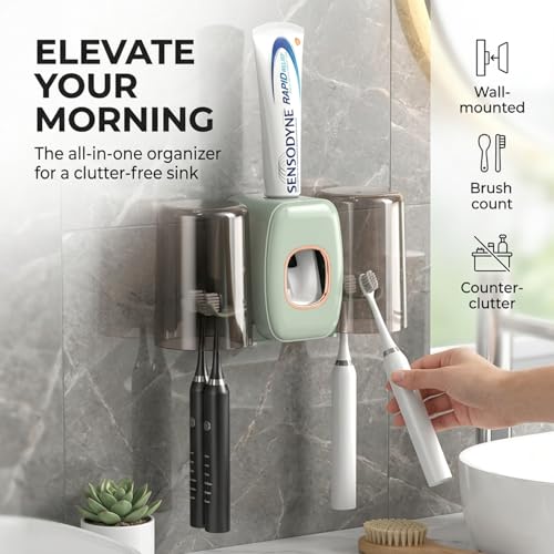 Image of COMFYHOME Tooth Brush Holder Bathroom, Automatic Toothpaste Dispenser, Self Adhesive Brush Stand for Bathroom Wall, Toothbrush Organizer with 2 Mouthwash Cups, 4 Slots Wall Mount Toothbrush Holders