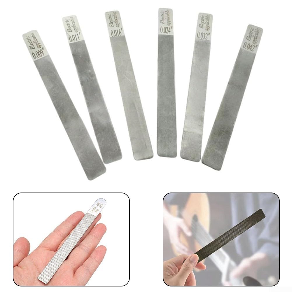 Kit de herramientas de 6 limas de tuercas de guitarra con cuchillas de acero inoxidable y asas ergonómicas para uso Luthier en coronación de trastes y ajuste de ranura de tuerca (eléctrico 10-46)