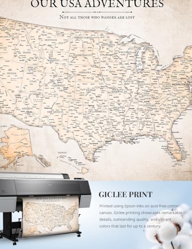 Image of IPIC - Vintage Push Pin USA Map Canvas Wall Art, Oversized Travel Map Print Wall Decor for Home, Study, Office or RV, Push Pin Board Decor for Travel Lovers, Ready to Hang