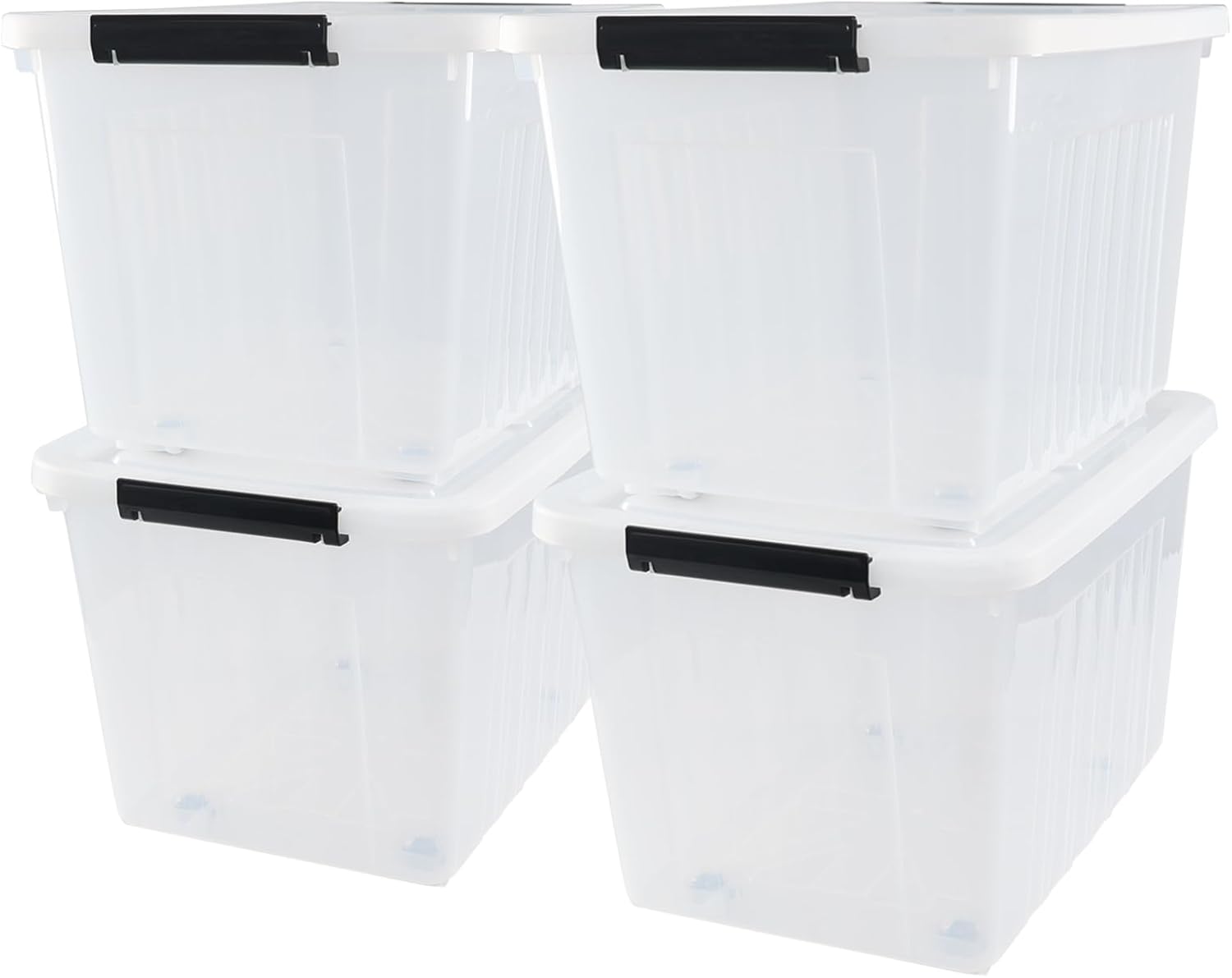 4-Pack 42 L Clear Plastic Storage Container Bin with Lids and Latch Buckle, Clear Storage Latch Box/Bin with Wheels