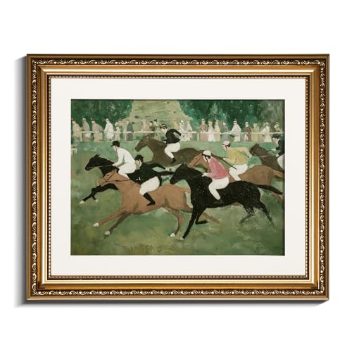 InSimSea gold framed art,13x16 Inch Horse Racing Wall Framed,Vintage Equestrian Artwork, Classic Jockey Racing Painting, Retro Sports Decor for Living Room, Office, Study, Gallery Wall Decoration