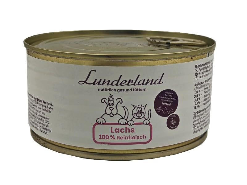 Lunderland Reinfleisch Lachs 300g Dose I Einzelfuttermittel für Hunde und Katzen I 100% frisches Lachsfilet mit Haut I ohne Zusatz von Wasser, Bindemitteln und Füllstoffen