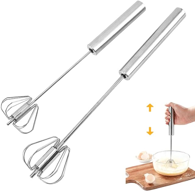 2 Egg Mixers, Multifunctional Stainless Steel Semi-Automatic Hand-Held Push-Type Whisk, Milk Whisk, Rotary Kitchen Utensil Mixer (12 Inches + 10 Inches)