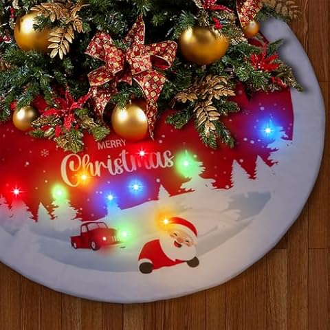 PLTCAT Christmas Tree Decoration, 48-Inch Christmas Tree Skirt with Multi-Color LED Lights, Short Plush Tree Skirt with Santa Truck Pattern, Battery-Powered with Timer, Christmas Cheer Decoration Cover