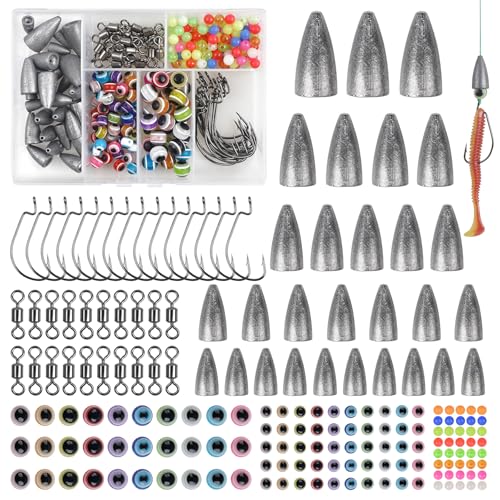 184pcs Texas and Carolina Fishing Rig Bass Fishing Bullet Sinkers Worm Weights Beads Hooks Rolling Barrel Swivels Fishing Accessories Tackle Kit