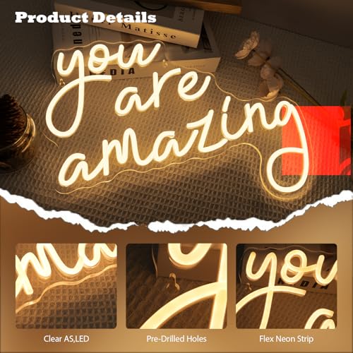 Image of You Are Amazing Neon Sign Warm White Usb Word Neon Lights for Wall Decor Led Letter Light Up Sign for Classroom Bedroom Home Bar Man Cave Party Birthay Wedding Gifts