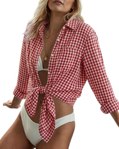 Image of Bsubseach Women Long Sleeve Button Down Shirts Blouses Swim Beach Cover Up