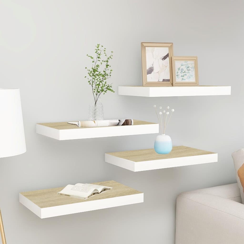 Étagères flottantes en MDF blanc et chêne, lot de 4 bibliothèques murales de 40 cm