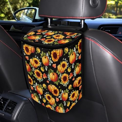 Image of Talayituse Sunflower Pumpkin Maple Leaves Print Car Trash Can with Adjustable Straps, Thanksgiving Decor Car Trash Bag Bin Car Garbage Bag Multipurpose Storage Box for Vehicle Travel Camping Picnicing
