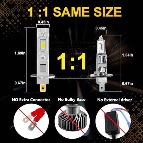 NOVCAPAR H1 LED Bulbs, 24000LM Super Brightness high Beam and Low Beam, 6500K Cool White Fanless Fog Lights Bulbs, 1:1 Mini Size Plug and Play, Non-Polarity, Pack of 2 by NOVCAPAR - Image 2
