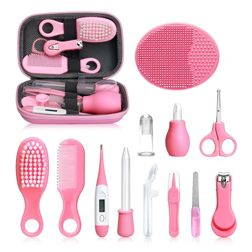 Image of Baby Grooming and Healthcare Kit, Infant Safety Care Set with Hair Brush Comb Nail Clipper Nasal Aspirator,Baby Essentials Kit for Newborn Girls Boys (13 in 1, Pink)