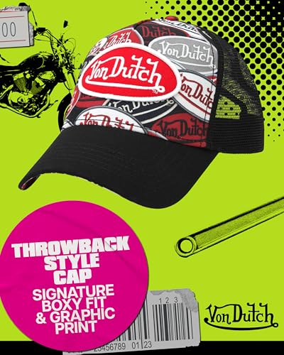 Image of Von Dutch Monogram Trucker Cap - Retro Snapback Cap for Men and Women - Adjustable Snap Fit Panel, Mesh Rear, Curved Bill