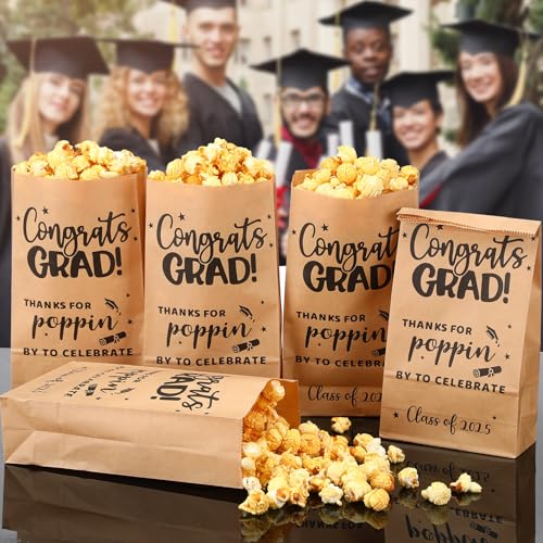 Image of 200 Pcs Class of 2025 Graduation Popcorn Bags Thanks for Popping by Popcorn Bags Bar Supplies Graduation Party Favors Kraft Grease Resistant Paper Congrats Grad for Treat Cookie Snack Goodie