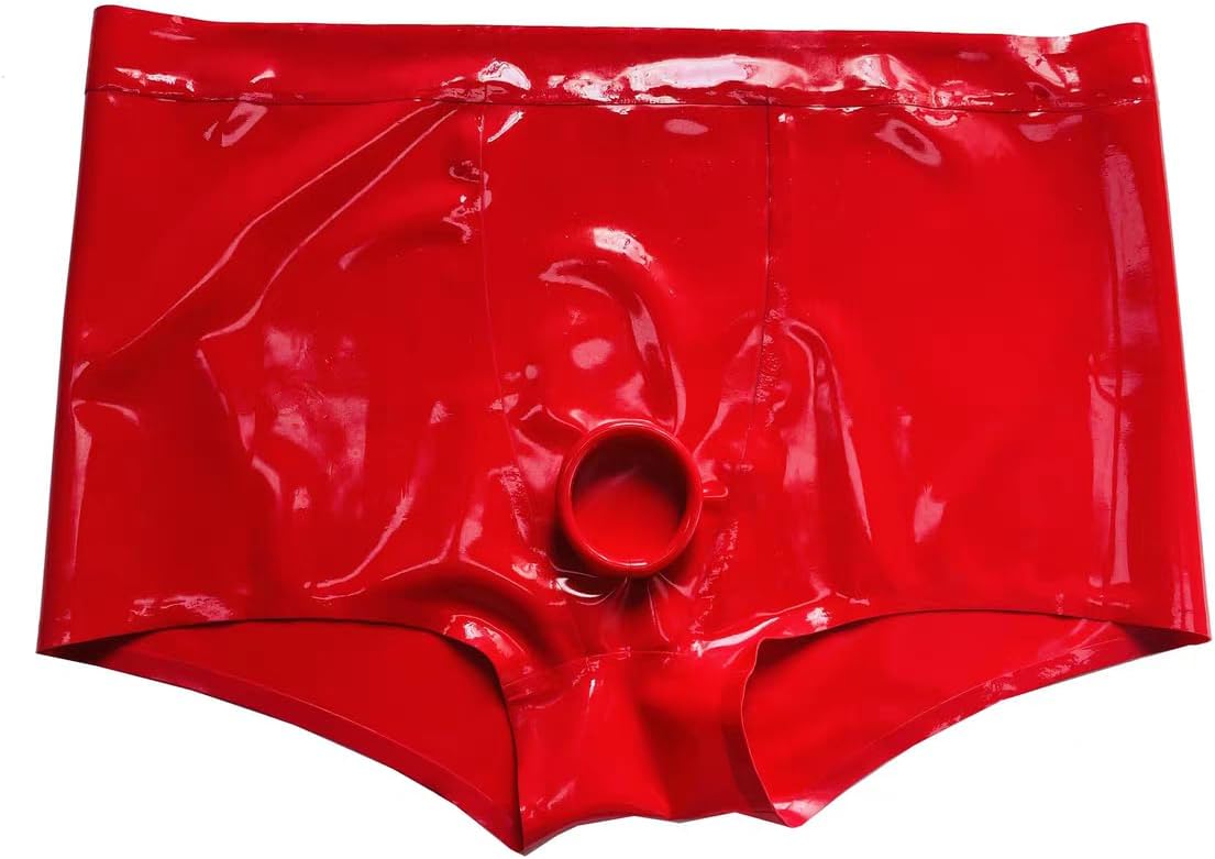 Men Natural Fetish Latex Shorts Rubber Underwear with Roll Edge Hole