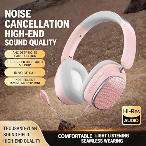 Image of Wireless Bluetooth Headphones with Active Noise Cancelling (Up to 48dB),60H Playtime,Hi-Res Audio,40mm Drivers,Spatial Sound,Foldable,Detachable Mic(Wired /Wireless Use),M12 Pink.
