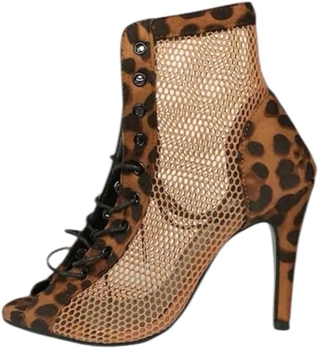 Women Dancing High Heels Shoes Basic Peep Open To Lace-Up Front Mesh Stiletto Heeled Soft Boots for Dance Class Highheels Strip Latin Salsa