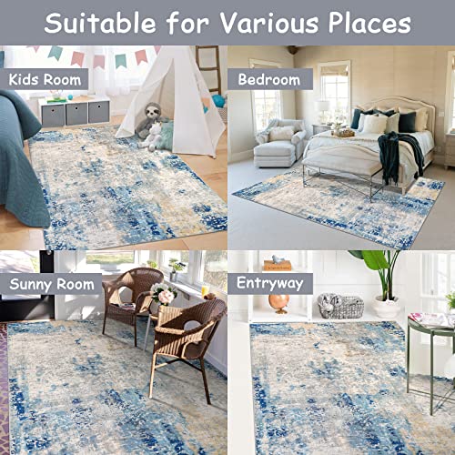 Lahome Modern Abstract 5X7 Blue Machine Washable Area Rug, Soft Bedroom Rug Non Slip Living Room Rug,Stain Resistance Dining Room Mat Carpet For Nursery Office Couch Entrance Kitchen #TOP4