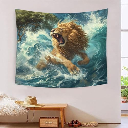 Tapisserie lion 3D effet mural 180x230cm grand format en tissu pour salon et chambre