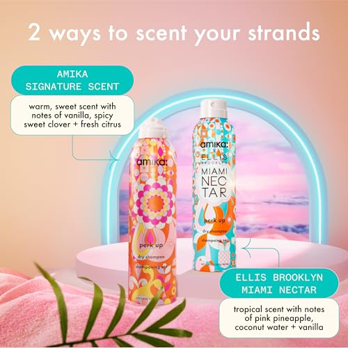 Image of amika perk up talc-free dry shampoo | refreshes roots with a voluminous 'oomph' between washes, no white residue, absorbs oil + reduces odor, for all hair types