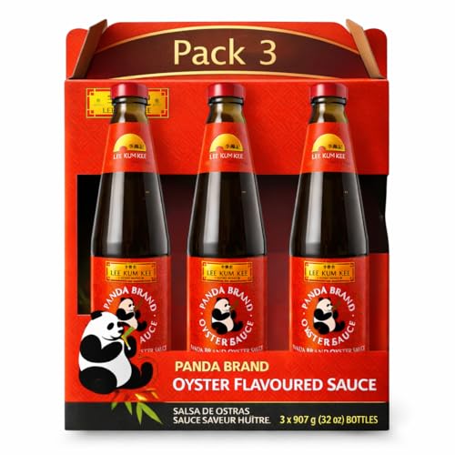 Salsa de ostras Panda Lee Kum Kee, salsa Panda Oyster Sauce, sabor umami, Ideal para carnes, verduras y salteados, Alergenos Gluten, Ostras, Maíz, Contiene 3 botellas de 907 g